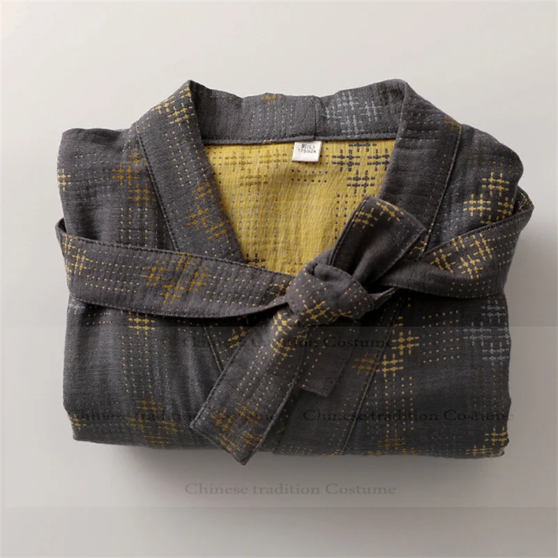 Men's Sleepwear Cotton Shower Bathrobe Gown Print Japanese Style Kimono Intimate Lingerie Loose Pijama Man Nightwear Loungewear