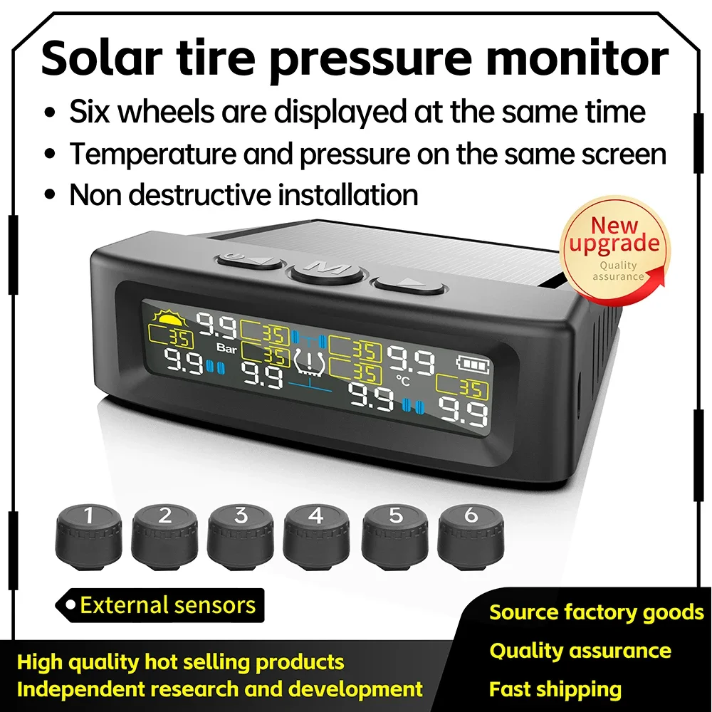 Solar TPMS Car Tire Pressure Alarm Digital Colorful Display 6 External Sensors Waterproof Tire Pressure Temperature Warning