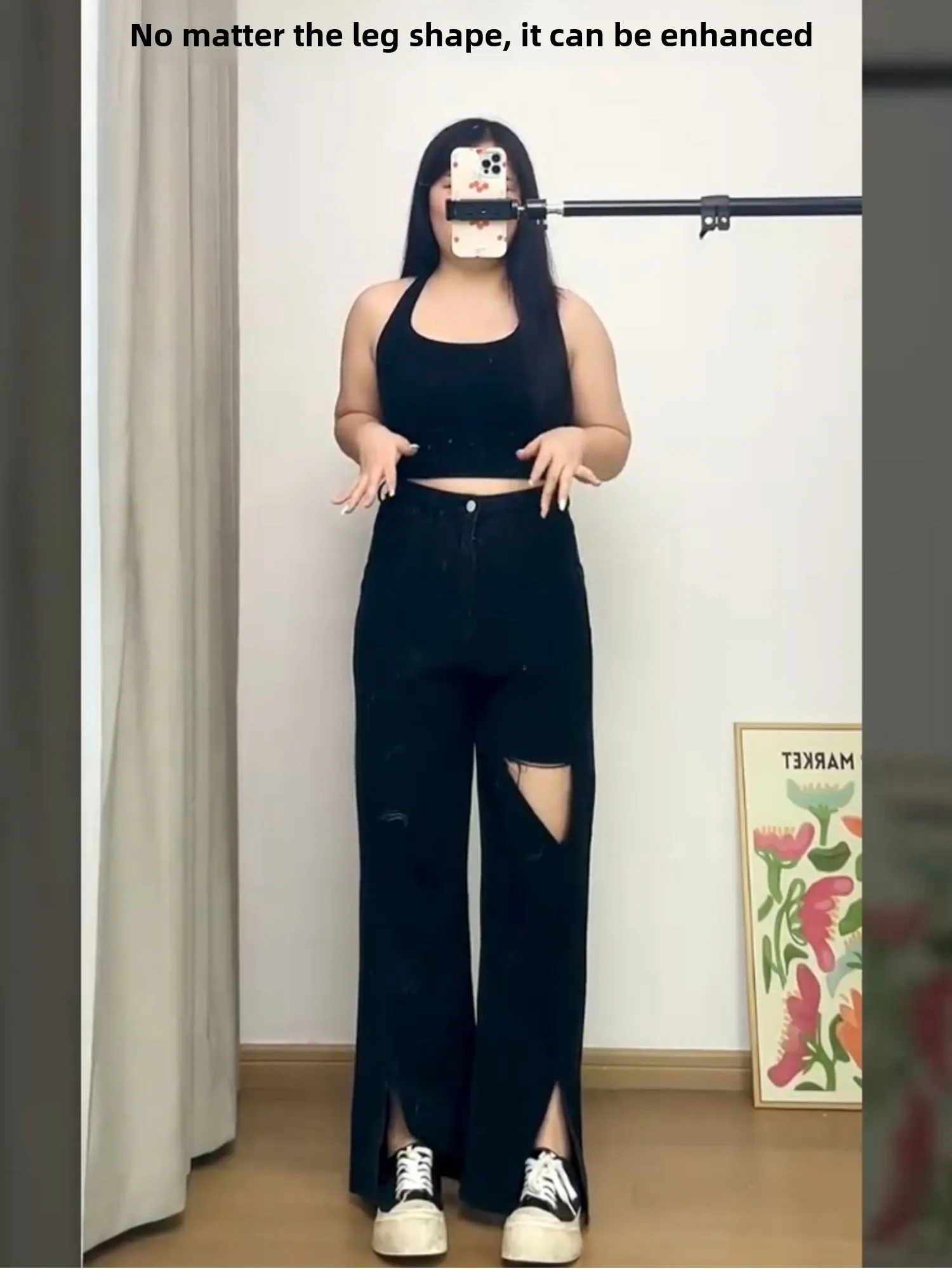 

High Waist Straight Leg Jeans for Pear aped Women plus Size Open Slit Torn Denim Pants Autumn Long Pants Deep Color