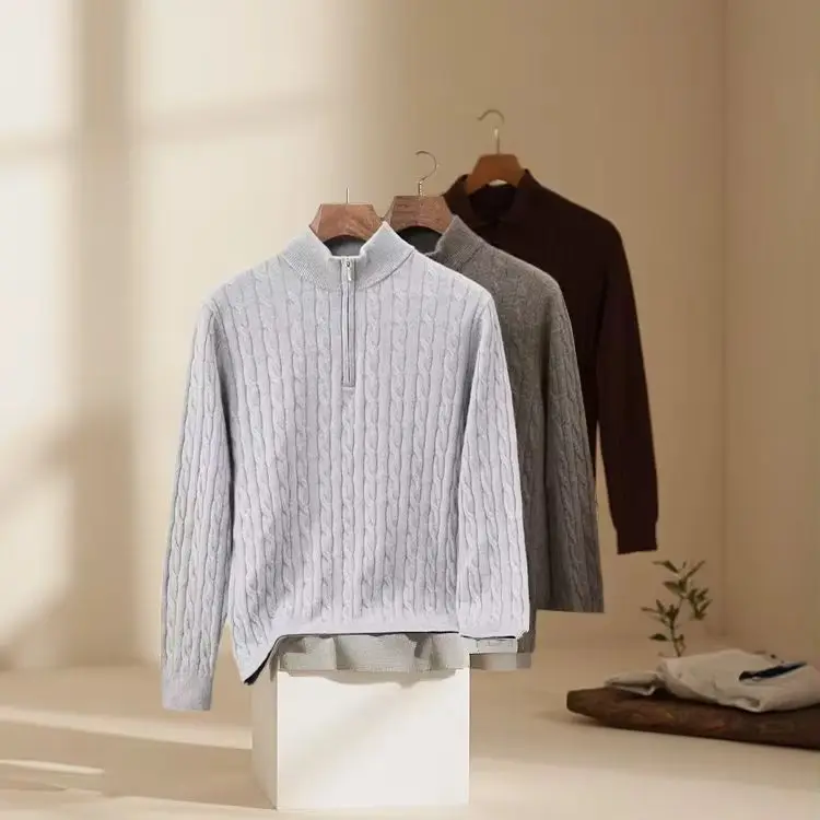100% pure cashmere men's semi-zipper stand collar jacquard twisted pattern sweater high-end sweater