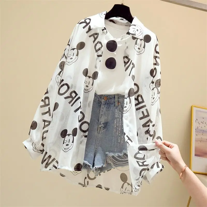 Mickey Mouse Blouse Ladies Long Sleeve Women Shirt Beach Shirts Kawaii Cartoon Summer Clothes Cover-Up Top Casual