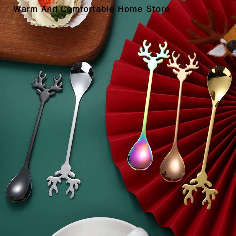 【SE】1PC Stainless Steel Cute Deer Head Mini Ice Cream Spoon Cartoon Christmas Elk Coffee Dessert Stirring Spoon Tableware