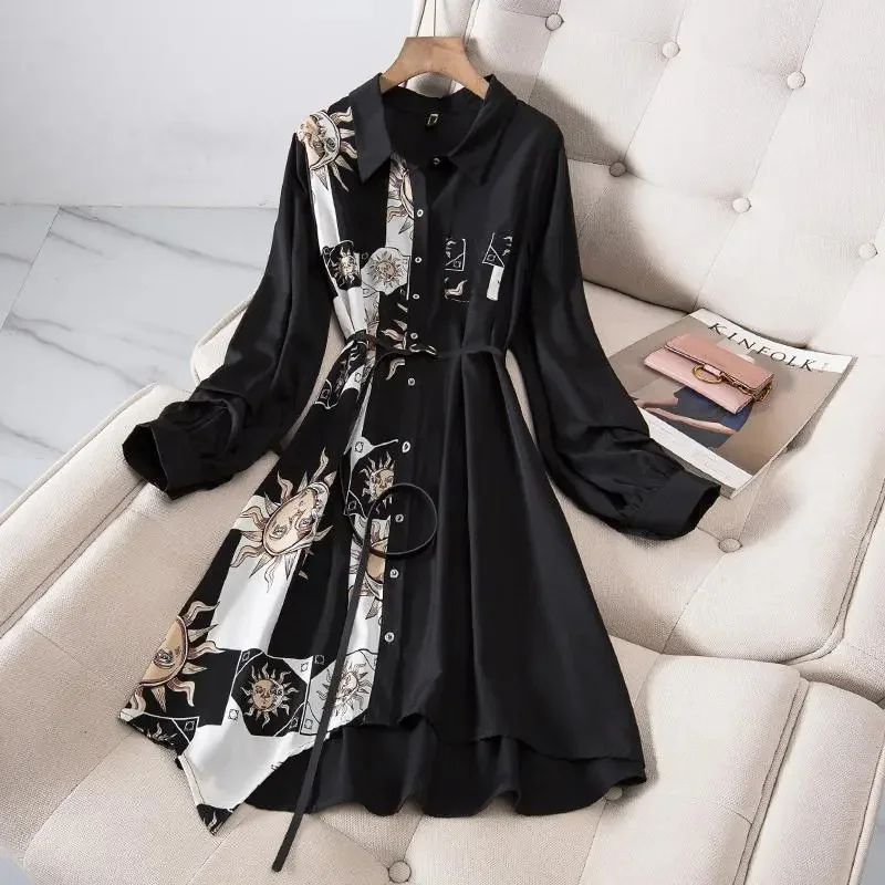 

Black 4XL Sundress Vestidos Women's Fashion Long Dress Tops 2022 New Spring Single-Breasted Shirt Tops Printing Dresses Female