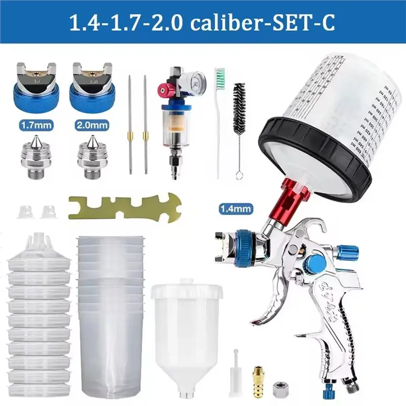 HVLP Spray Gun Nozzle Kit 1.4+ 1.7+ 2.0Mm With Air Regulator Filters+ 10PCS No-Clean Paint Mixing Cups Blue