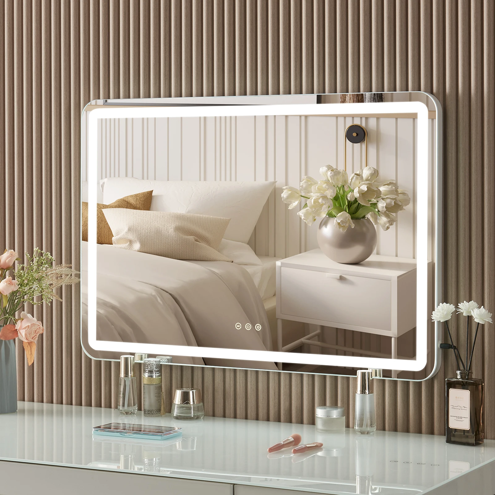 Grand miroir de maquillage LED de 80 cm, miroir de maquillage de style hollywoodien avec éclairage réglable et fonction de grossissement, miroir de coiffeuse à poser sur une table, idéal pour la chambre à coucher.