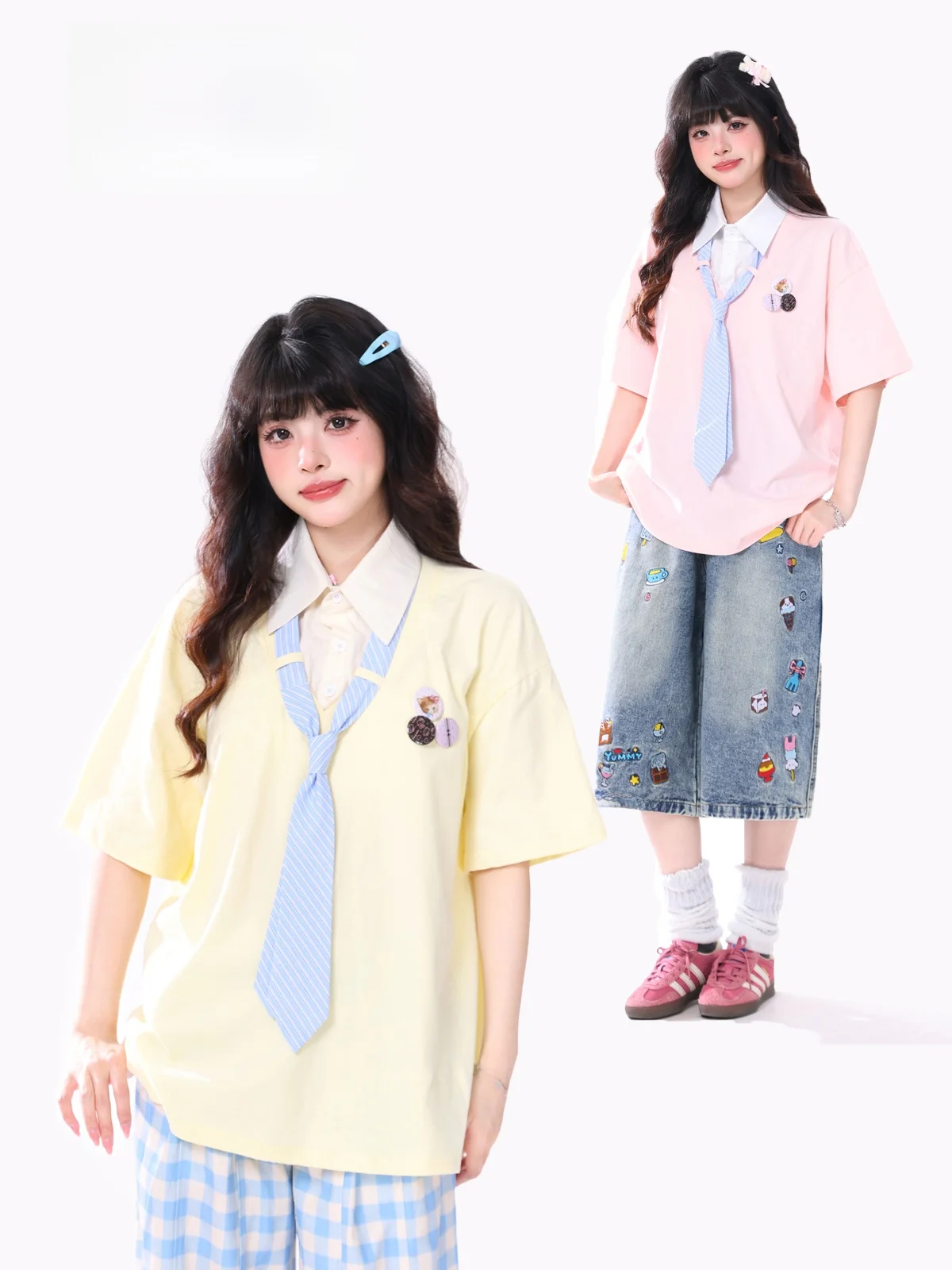 

ENJOG Sweet Short Sleeve Neck T-Shirt Women Summer Loose College Style Casual Top Cotton Material Flip Collar Design