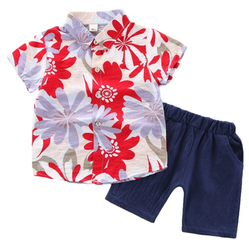 Children's Boy Shir tClothing Suit Summer Flower Print Short Sleeve Shirt Top+Pants 2pcs Short Sets Hawaiian Beach Style Outfits