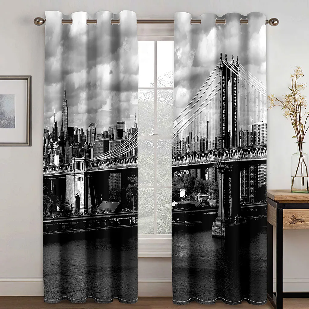 Modern City Street Night Scenery Black and White 2 Pieces Free Shipping Thin Window Drapes Curtain for Living Room Bedroom Decor