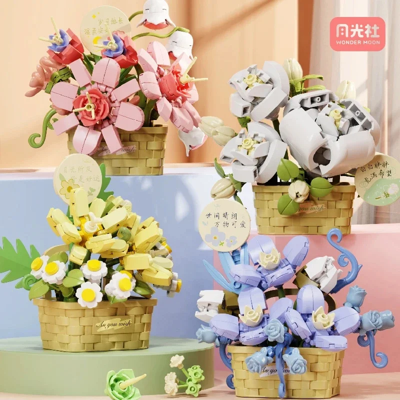 

Микро строительный блок, цветочная корзина, частицы, собранный декор, орнамент, милый центральный элемент для девочек, стол, подарок на день рождения, Рождество