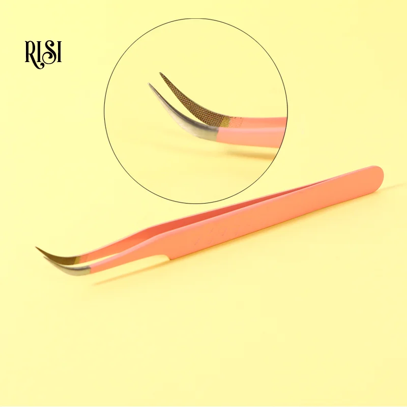 RISI Fiber Tweezers for Eyelash Extensions Stainless Steel Lash Extension Tweezer Hyper Fine Tip Anti Static Eyelash Tweezers