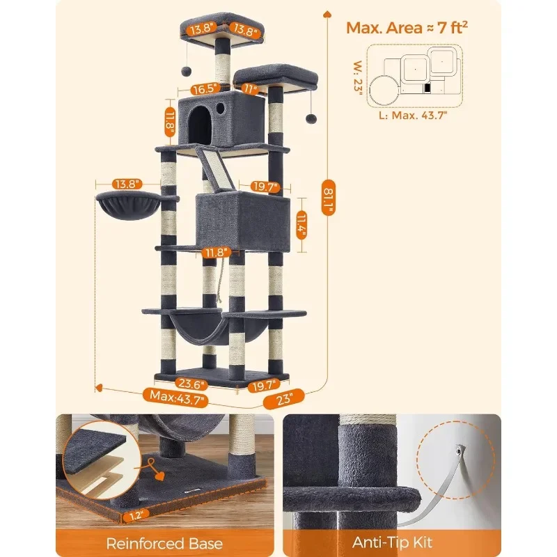 Albero per gatti Feandrea, torre per gatti grande 81.1 pollici con 13 tiragraffi, 2 posatoi, 2 cave, cesto, amaca, pompon