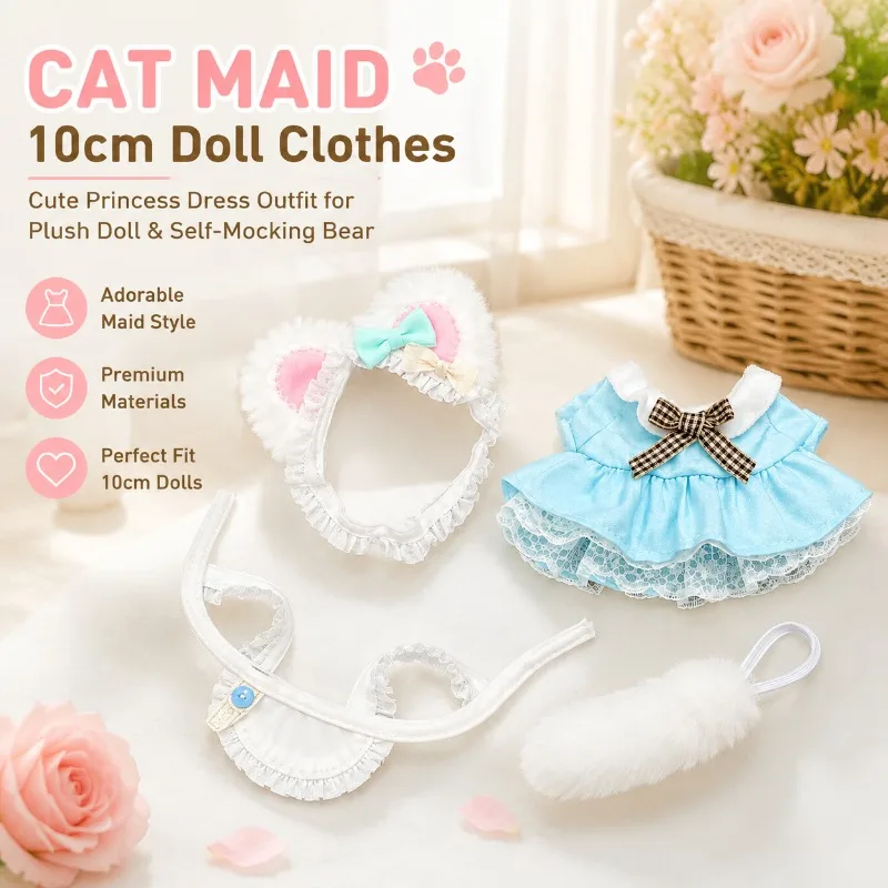 10cm Cotton Doll Cat Maid Outfit Lovely Princess Dress Soft Fabric Cute Transform Costume Adorable Stuffed Toy Skirt Set