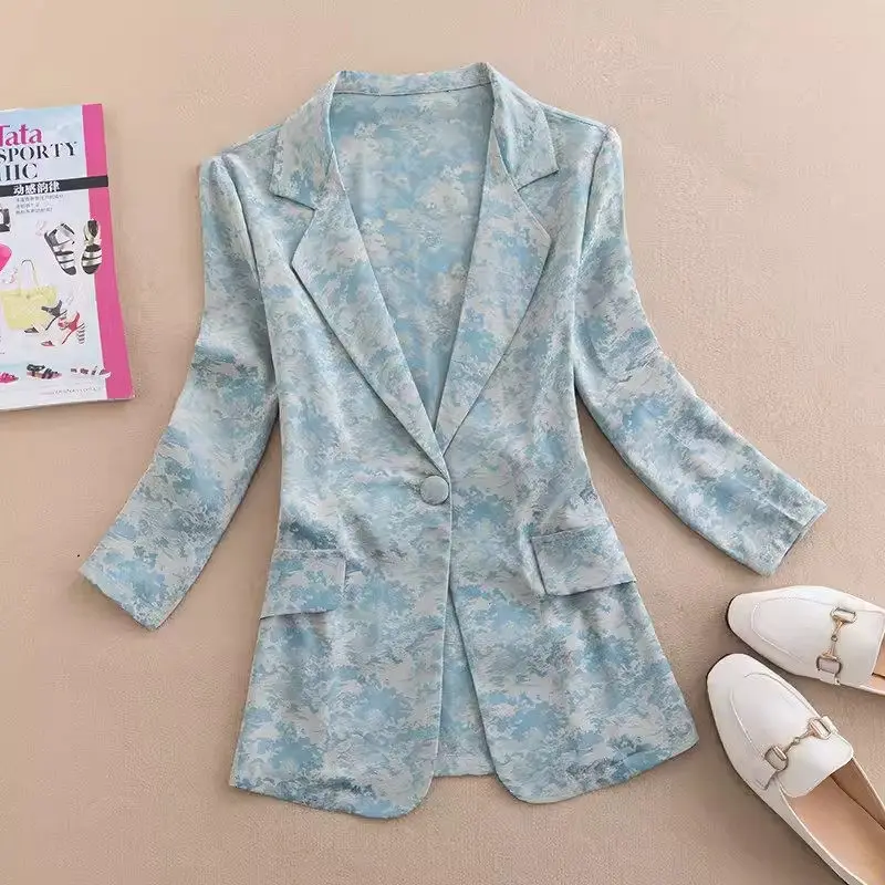 3/4 Sleeved Small Suit Jacket For Women's Summer 2024 New Stylish Slimming Thin Jacquard Top Blazer With One Button K204