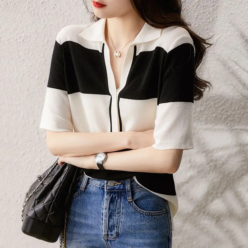 Temperament Sweet SummerT-Shirts Women's POLO Collar Striped Contrast Color Patchwork Fashion Casual Loose Short Sleeve Knit Top image 3