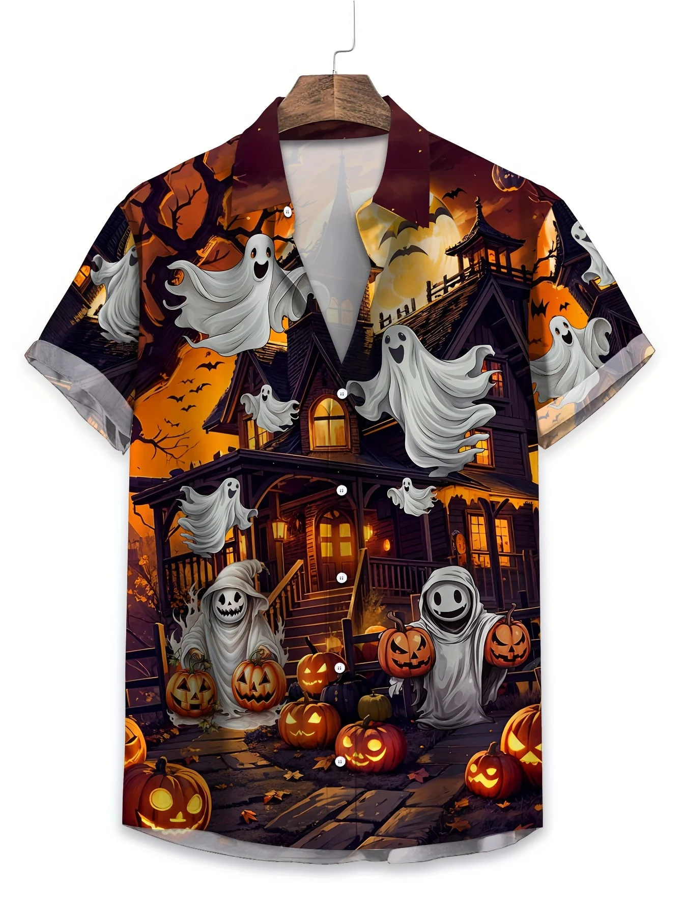 Men Halloween Haunted House Ghost Pumpkin Print Short Sleeve Shirt Lapel Collar Party Casual Tops
