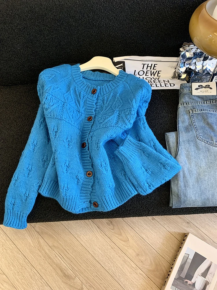 

Vintage crochet round neck lace sweater for women in autumn and winter loose sweet gentle solid color knit cardigan