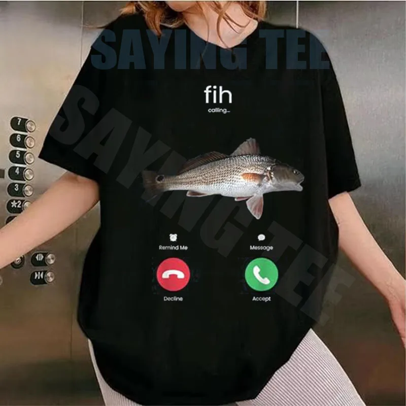 Camiseta de moda Y2K para mujer, estilo pescador, para exteriores, con diseño de pez y mensajes de llamada (Remind Me, Decline, Accept Phone Call), Top de pesca