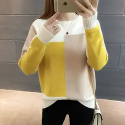 Autumn Winter New Fashion Women Solid Color Block Pullover Sweater Ladies Round Neck Knitted Tops Female Long Sleeve Jumper 2022