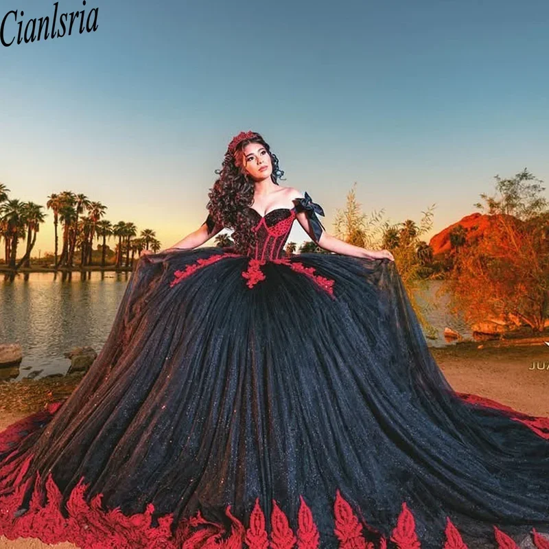 

Black ball gown quinceanera dresses 2025 glitter tulle Sweet 16 evening dress Vestido de 15 años
