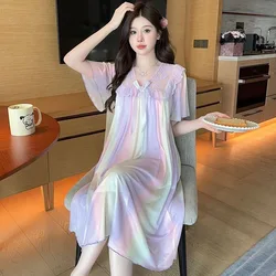 Women Knee-length Nightdress with Chest Pad Summer Nightgowns Gauze Sweet Princess Style Sleepshirts Short-sleeved Home Clothes