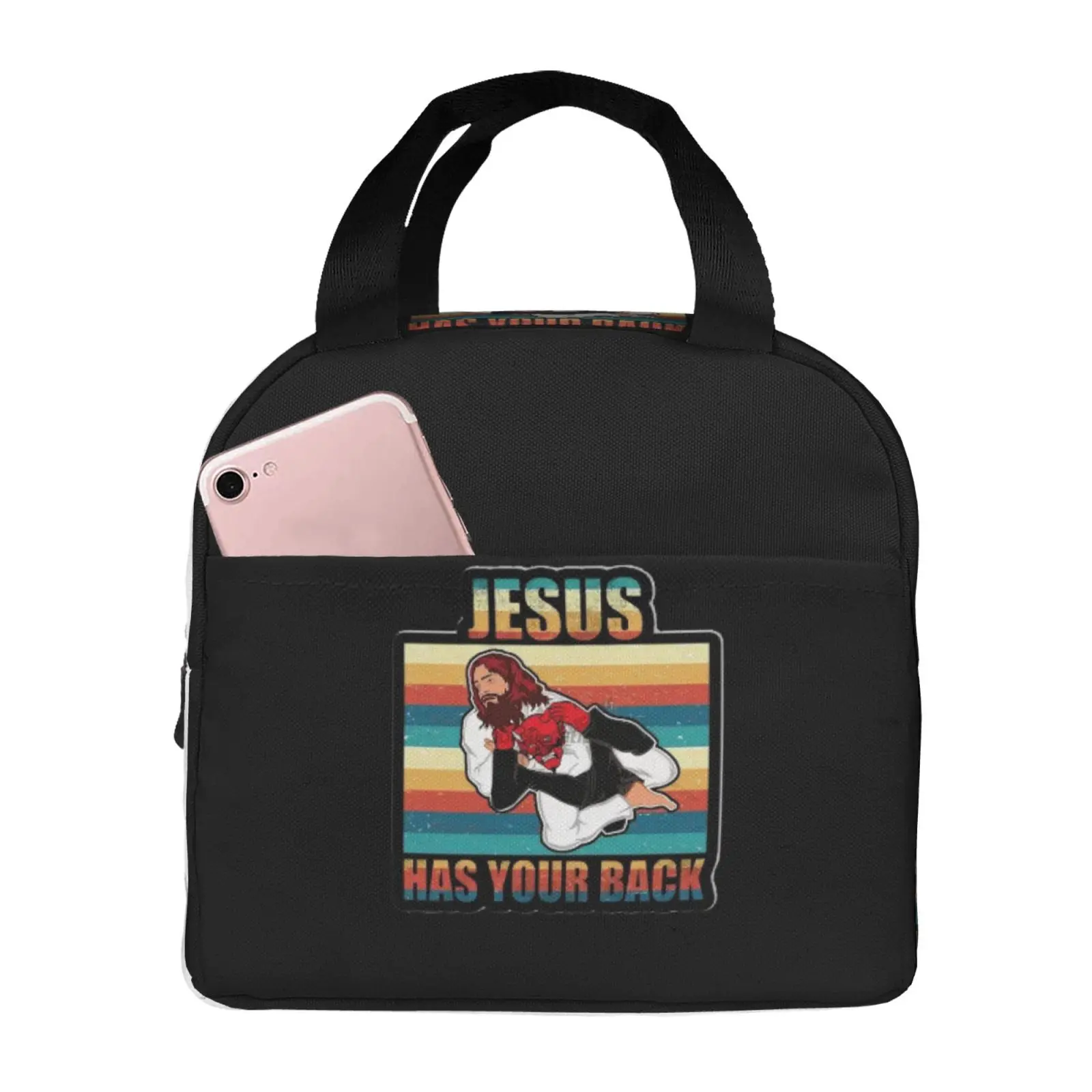 Jesus Has Your Back Jiu Jitsu Retro Christian Jesus Faith Lunch Bag Portable Thermal Oxford Tote Bag for Work School Travel