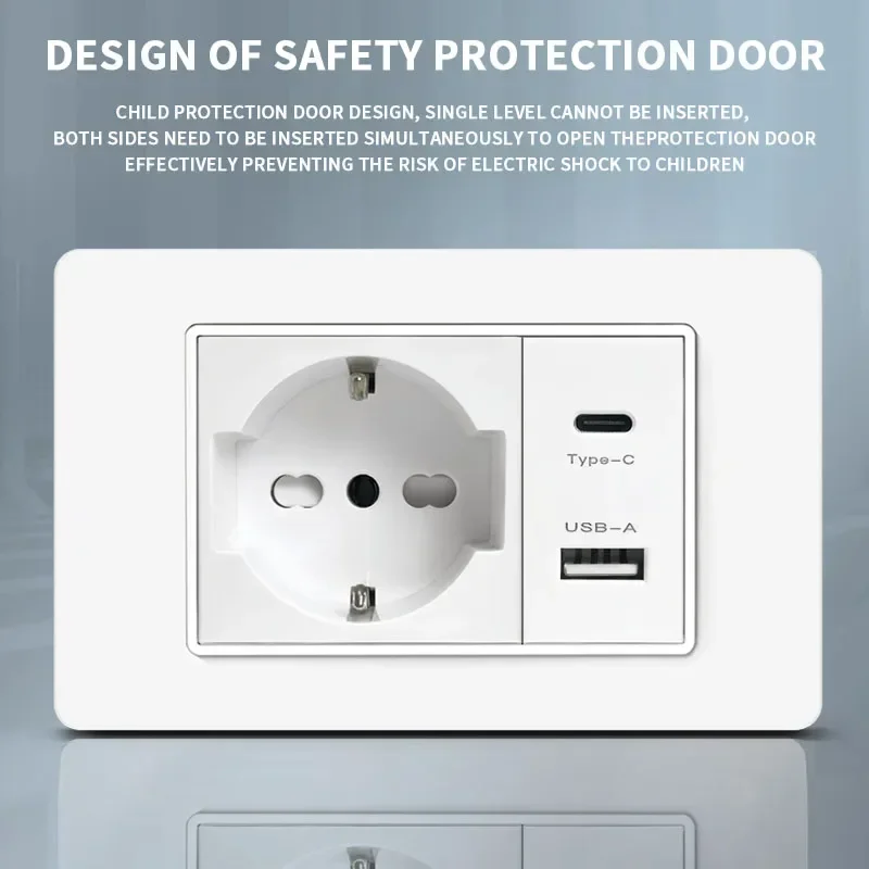 118 PC Plastic Panel Socket USB Type-C 20W Fast Charging Italy Chile Smart Wall Outlet Plug White Light Switch Home Office