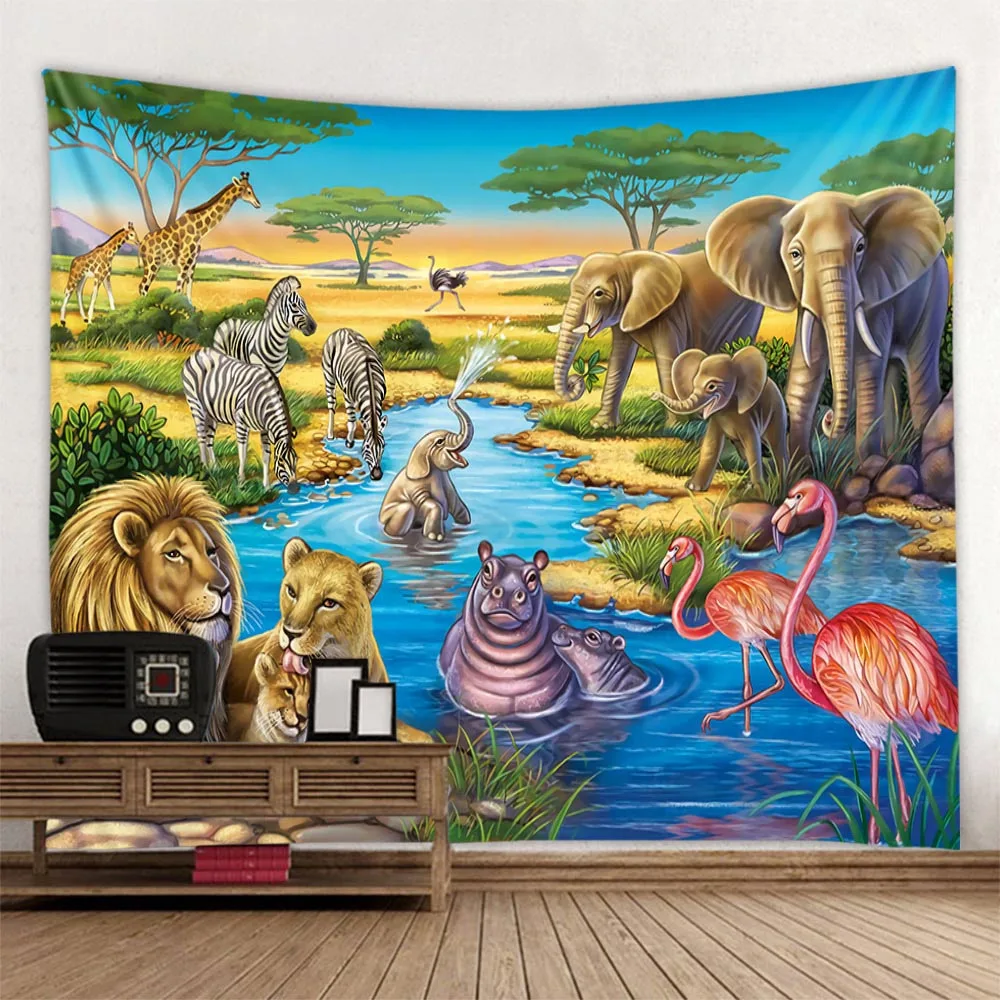 

Jungle Animal Tapestry Wall Hanging Tiger Lion Elephant Room Decoration Blanket Home Art Decoration Cartoon Background Poster