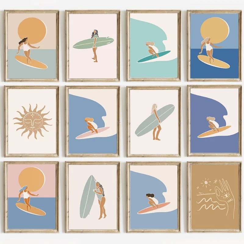 Elegantes minimalistisches Surf-Kunstposter mit Surferin und Surfbrett, Strand-Ozean-Druck für Dekoration