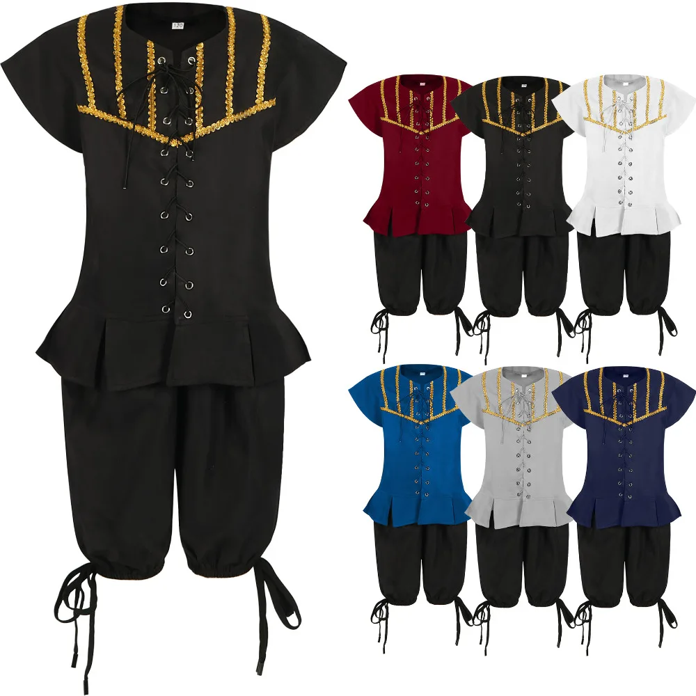 

Medieval Shirts Gothic Steampunk Victorian Pirate Cosplay Costume Adult Tops Pants Lacing Up Shirt Larp Vintage