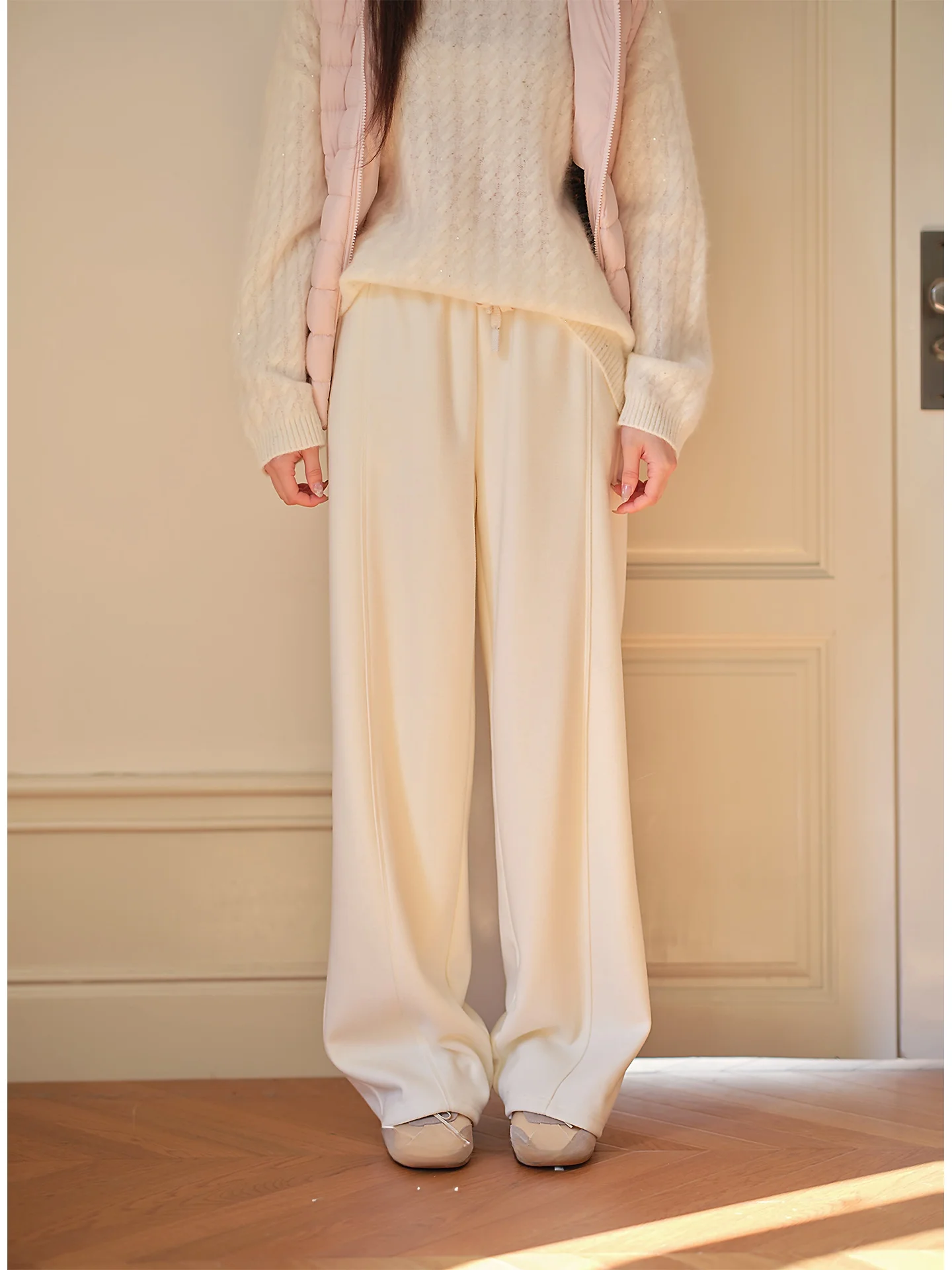 Roro Sheep Silk Wool Casual Pants Women's High Waist Wide Leg Straight Cut Floor Length Trousers Spring Autumn Slimming Effect