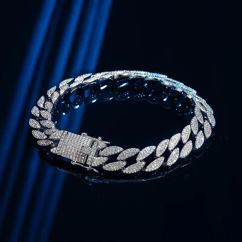 Hiphop 925 Sterling Silver 10mm Cuban Chain Bracelet for Men Jewlery Pave Zircon Miami Bling Iced Out Link Chain Bracelets Gift