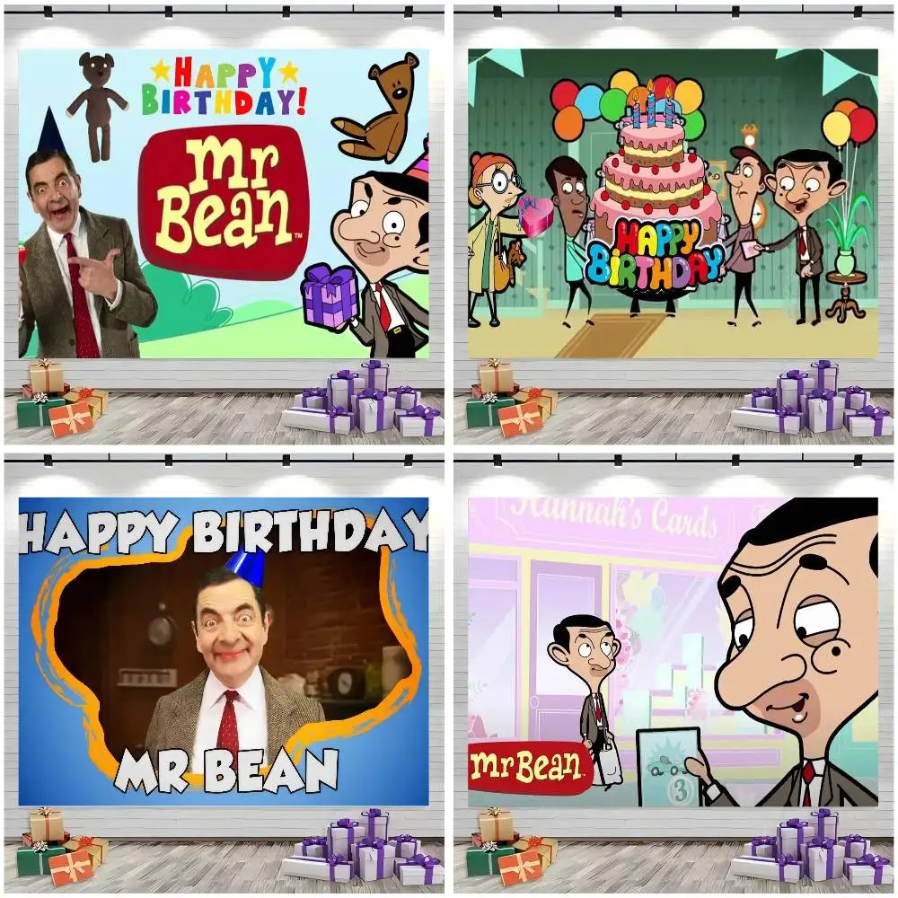 Cartoon Mr. Bean Geburtstags-Fotohintergründe für Kinder, Fotohintergrund für Studioporträts, Fotokulissen-Requisiten
