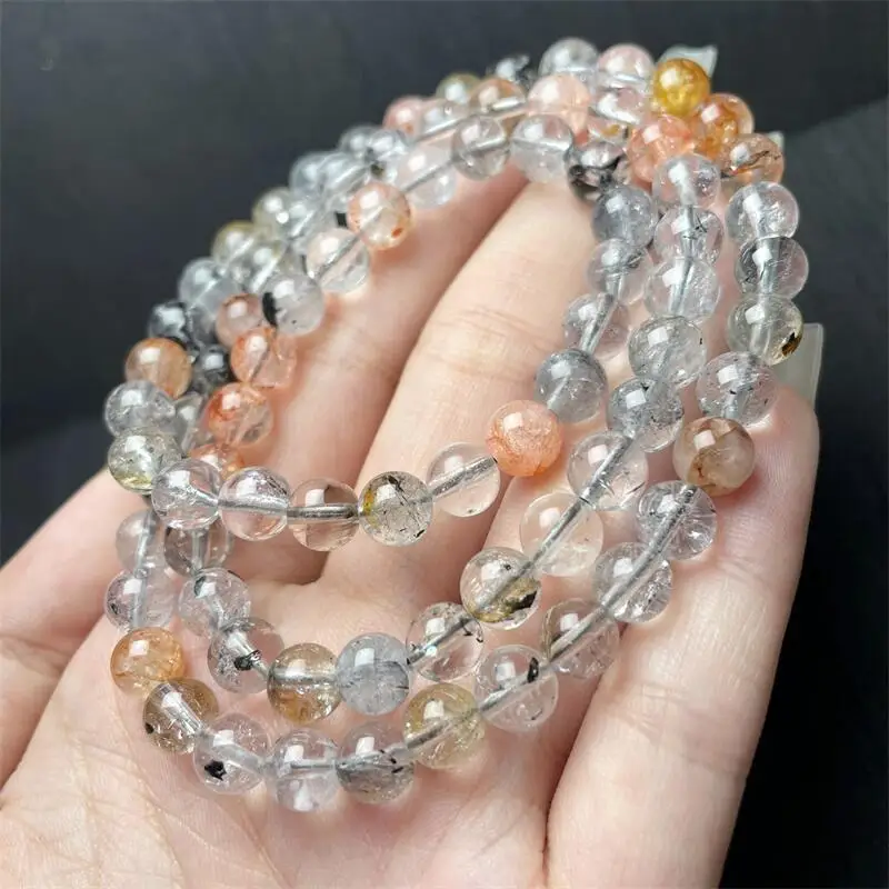 

7MM Natural Colored Herkimer Diamond Triple Circle Bracelet Healing Fengshui Gemstone Jewelry Couple Holiday Gift 1PCS