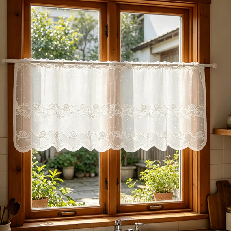 French Vintage White Rose Lace Coffee Curtain Non-Punched Transparent Sheer Curtain for Home Decor