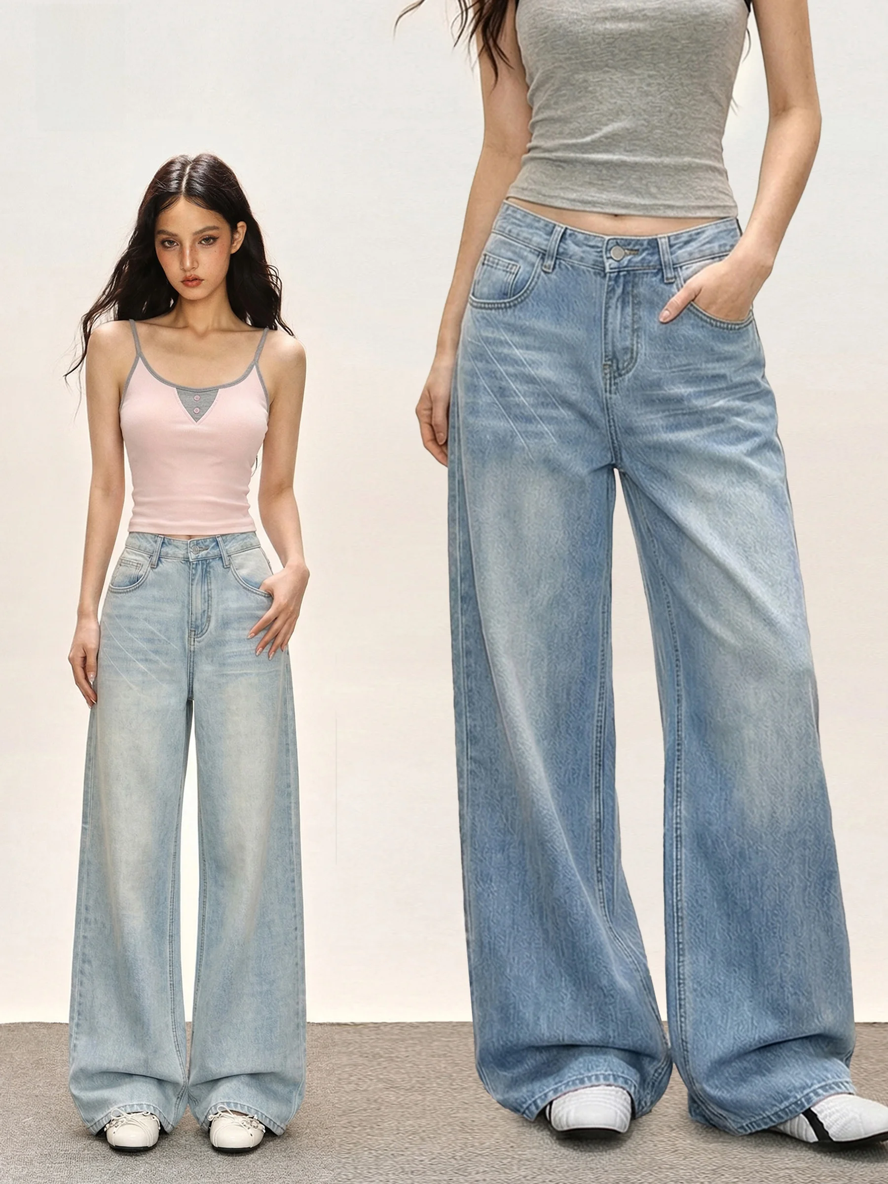 

Low Waist Blue Waed Straight Leg Jeans Women's Spring Summer Casual Wide Leg Pants Slimming Hip Covering Lazy Denim