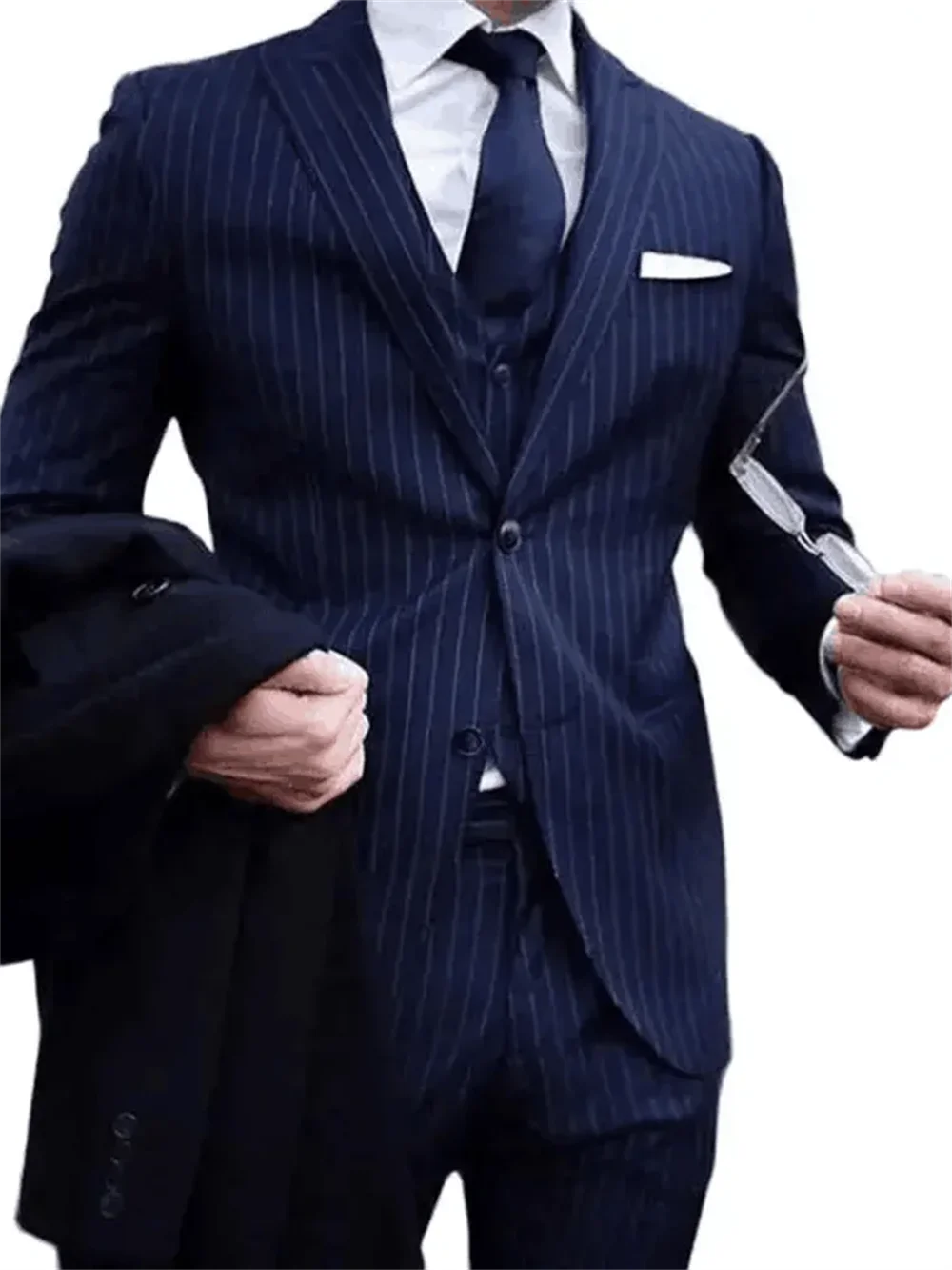 3 Piece Navy Blue Striped Suits for Men Slim Fit Groom Tuxedos Peak Lapel Business Formal Party Blazer Vest Pants Costume Homme