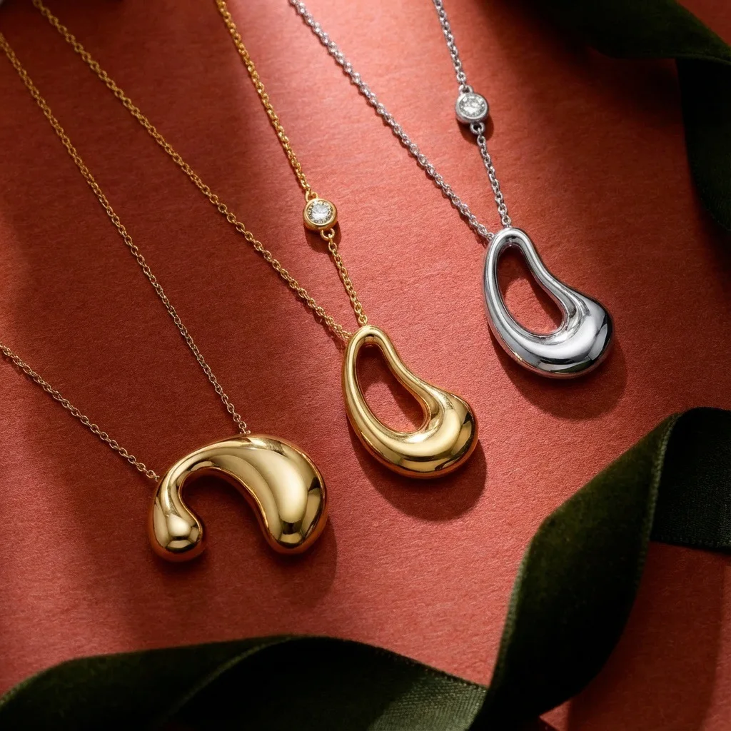 Irregular Pendant Curved Water Drop Glossy Metal Stainless Steel Necklace for Women Elegent Neck Chains Party Gift Jewelry Girl