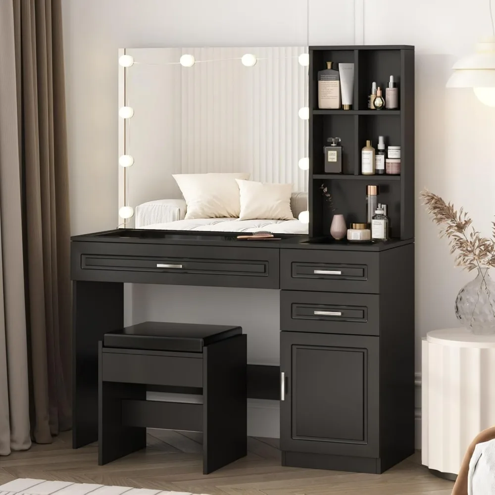 Vanity Desk, Glass Top Vanity Table Set with 3 Lighting Modes Adjustable Brightness, 3 Drawers & Storage Cabinet & Shelves