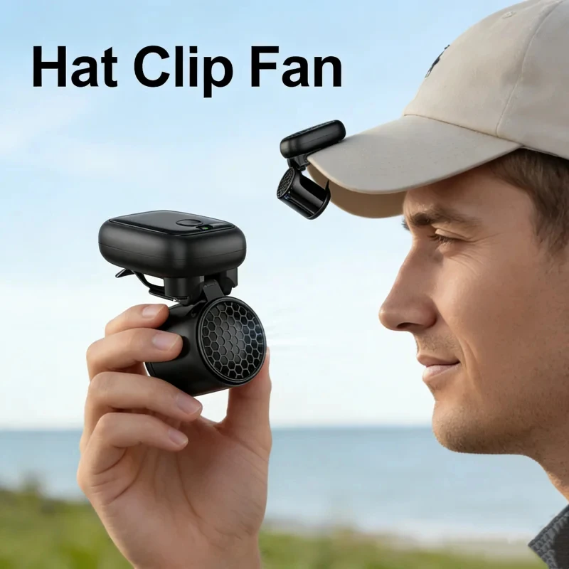 Ventilador Portátil de Clip para Chapéu, Recarregável via USB, Mini Ventilador de Resfriamento com 3 Velocidades Ajustáveis, Ventilador Vestível para Caminhadas, Acampamentos, Viagens de Verão