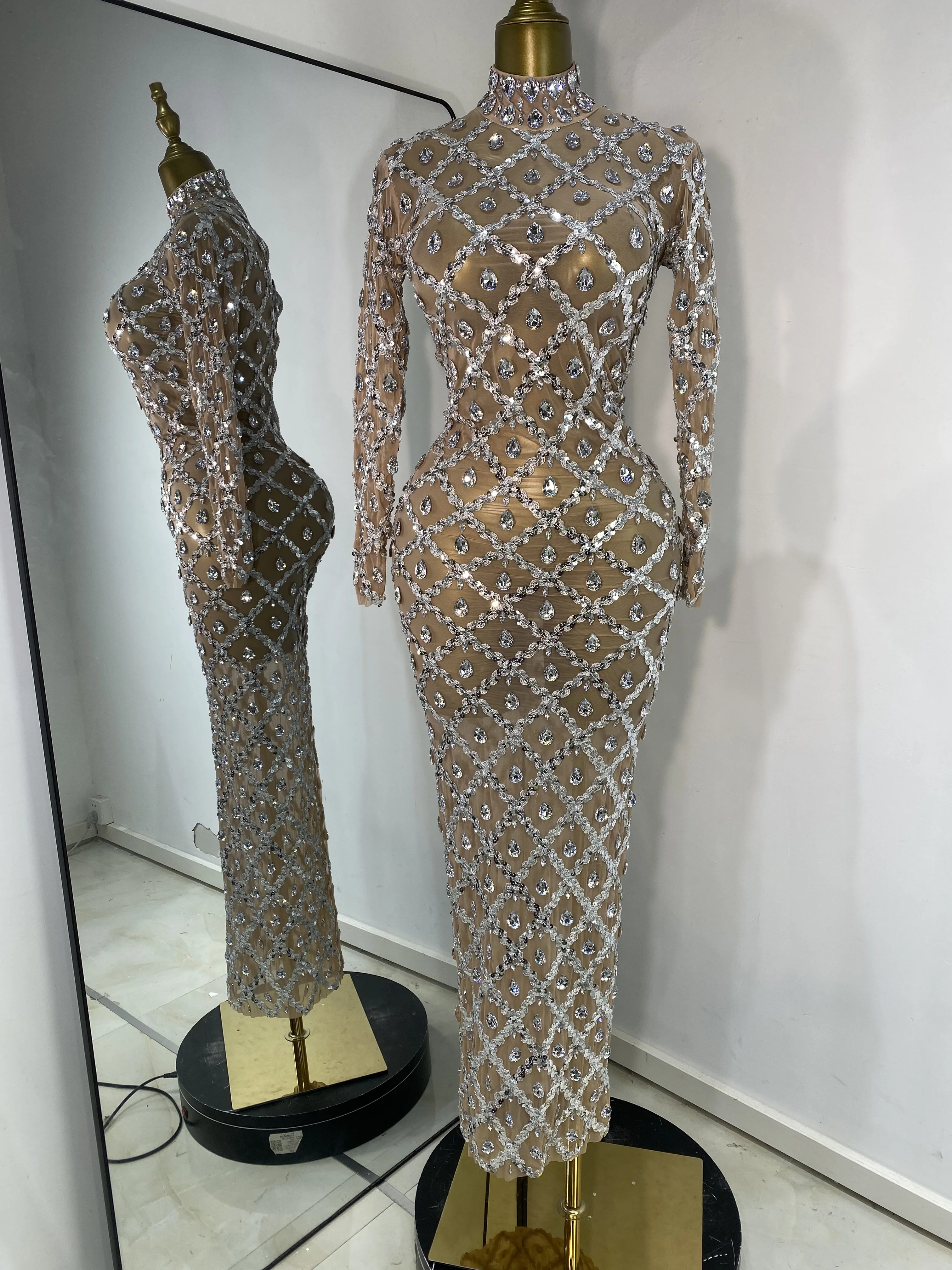 

Sparkly Rhinestones Sequines Mesh Long Sleeve Dress Women Silver See Through Birthday Celebrity Evening Party Runway Gala Gowns