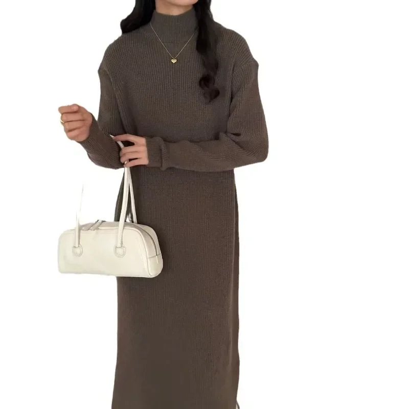 Casual Women\'s Semi High Neck Pit Striped Woolen Dress for Autumn and Winter NewFashion StyleLoose SlitInner Layer Bottom Dress