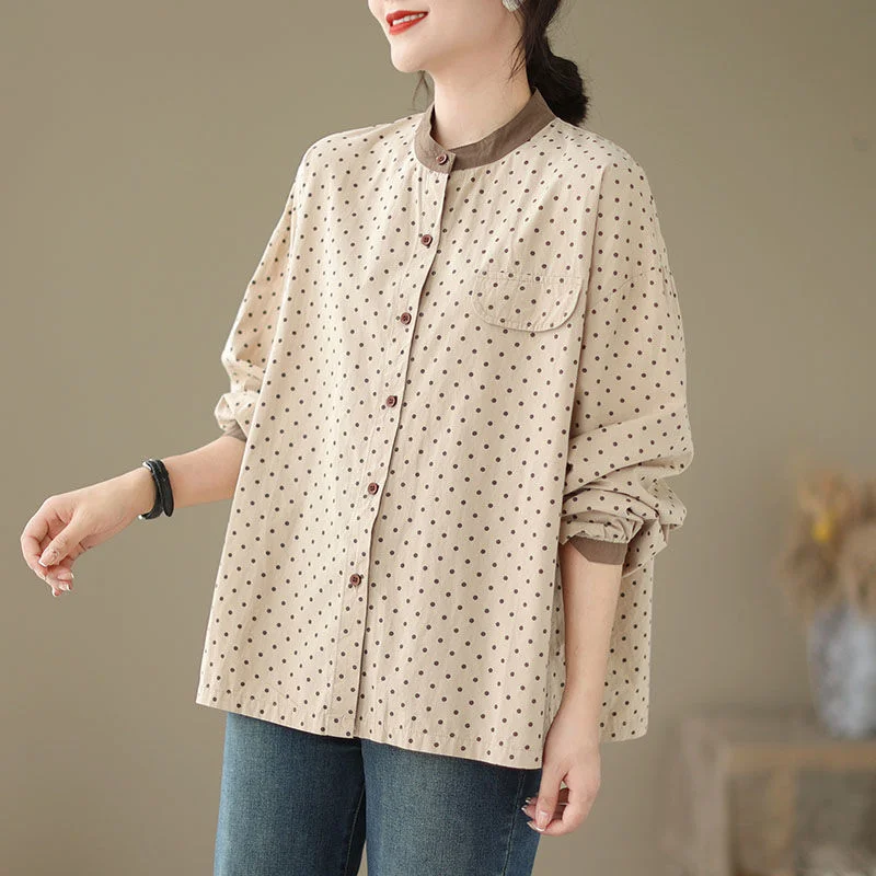 Fashion New Contrasting Color Harajuku Style Loose Pocket Polka Dot Cotton Stand Collar Long Sleeve Shirt for Women