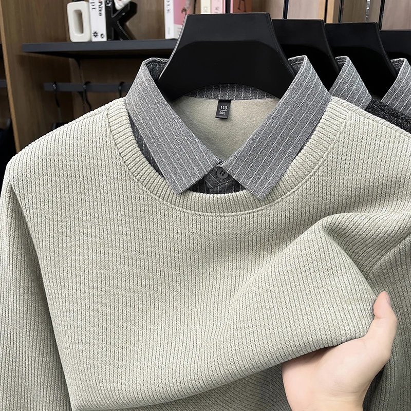 High Quality fake two piece men's sweater luxury knitted new fashion striped shirt collar comfort warm autumn winter pullover
