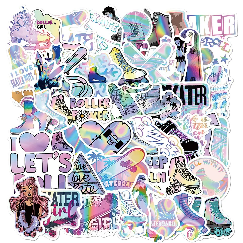 

50Pcs Cool Holographic Laser Skate Cartoon Stickers DIY Car Luggage Roller Skateboard Graffiti Girl Gradient Sticker Decal