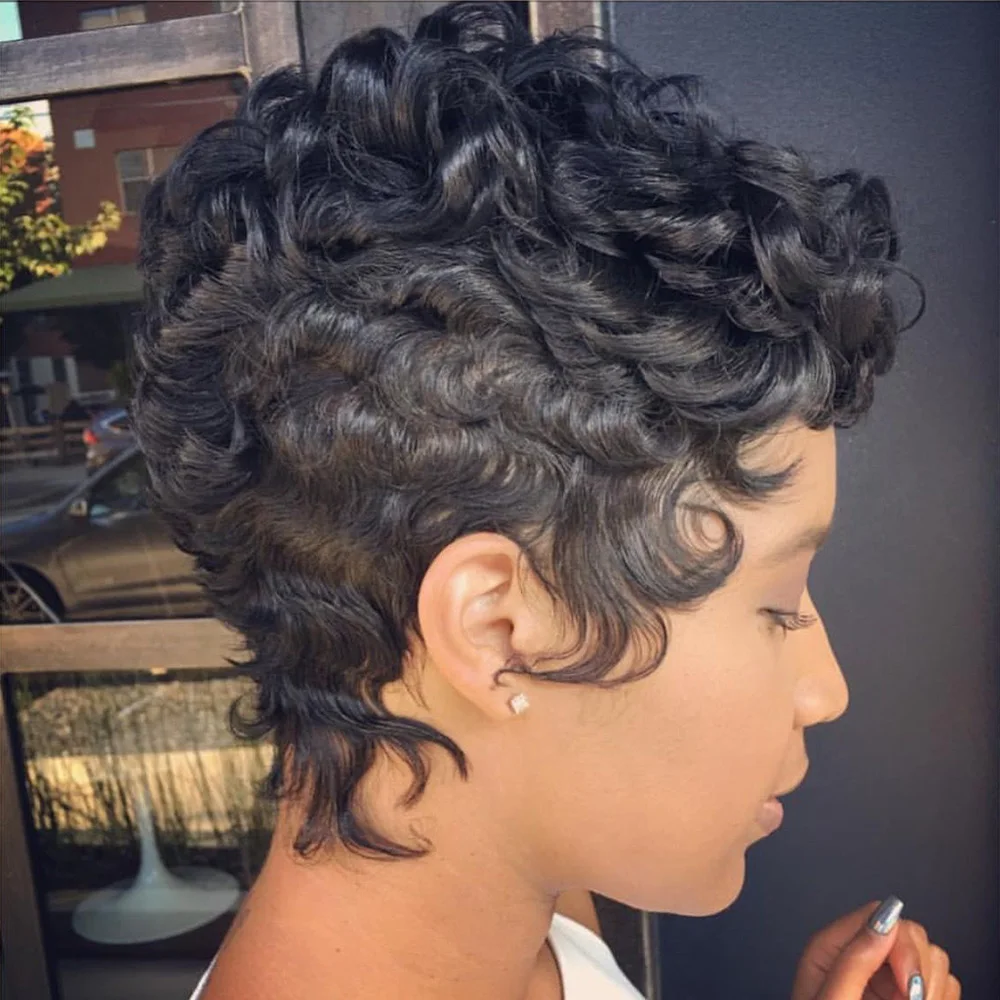 باروكة شعر بشري قصيرة بقص عابث للنساء، باروكات بيكسي مجعدة سوداء قصيرة مصنوعة آليًا بالكامل، باروكات شعر بشري قصيرة مع غرة