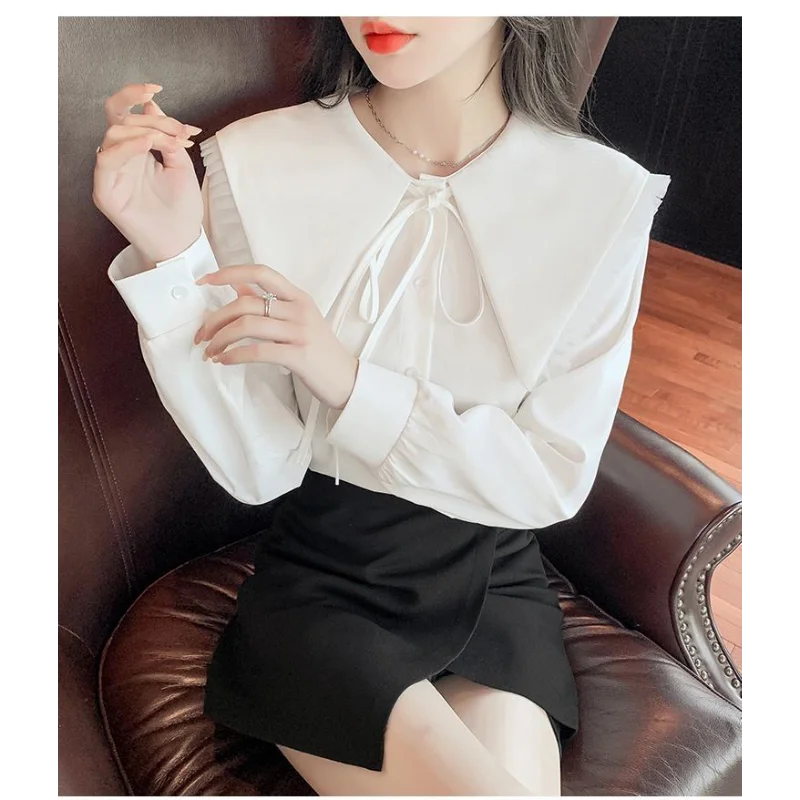 Camicia francese con colletto a bambola dolce per donna Top in chiffon a maniche lunghe stile nuovo design primaverile