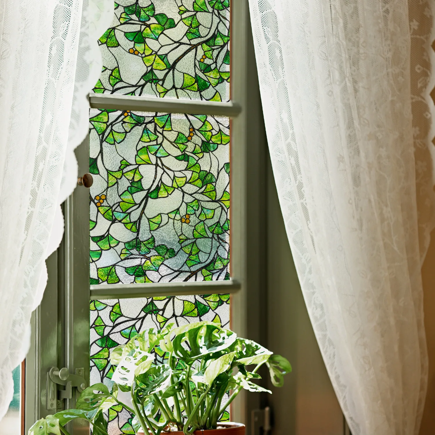 Fenster-Sichtschutzfolie, grüne Ranken, Blätter, Buntglas-Fensterfolie, Aufkleber für Glas, mattierter Fensteraufkleber für Küche, Tür, Zuhause
