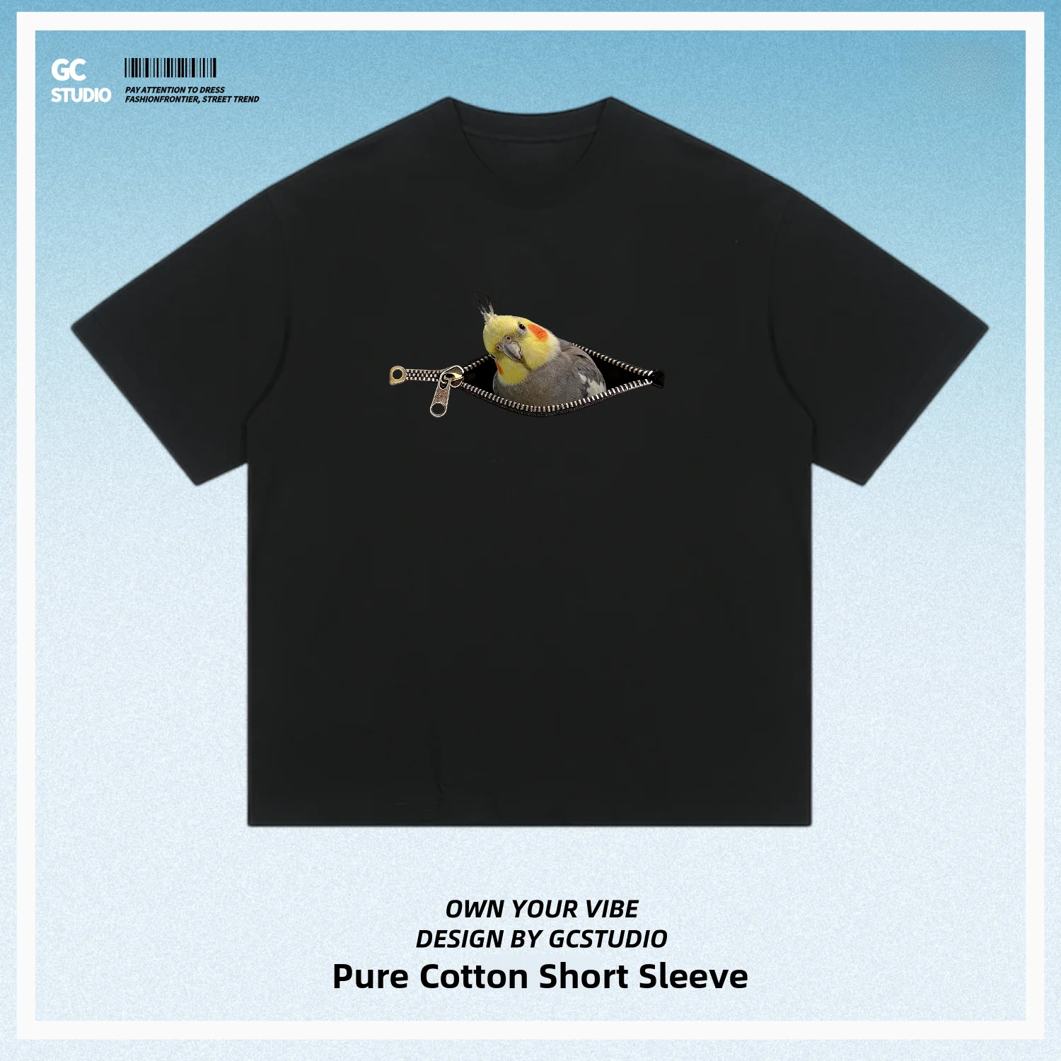 Cute Pet Parrot Short Sleeve T-Shirt Pure Cotton Breathable Fitness Sportswear for Men Summer Original Grey Zipper Design