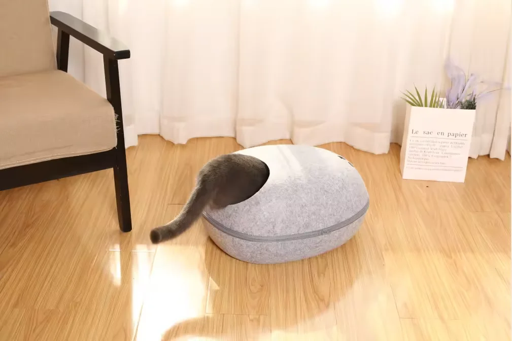 Pawise Multi Functional Indoor Hollowed-Out Wool Felted Cat Cave Bed With Zipper Egg Shaped Semi-Enclosed Pet Nest Bed Cat House