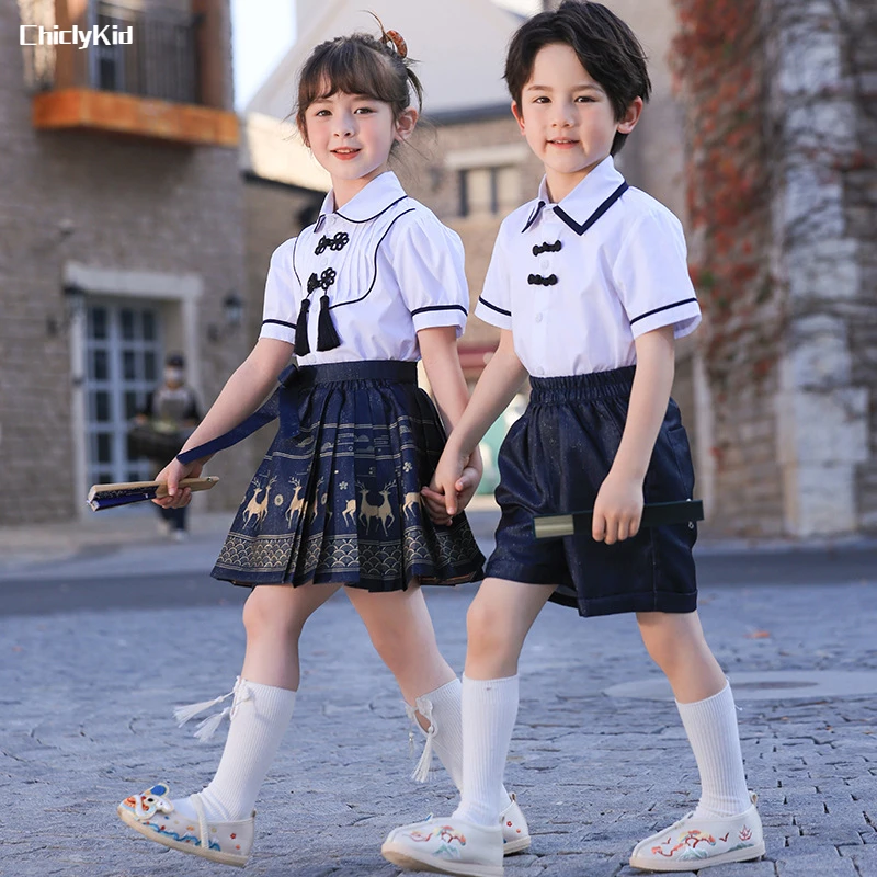 Conjunto de camisa e shorts de manga curta infantil, blusa chinesa, saias para cara de cavalo, uniforme escolar para meninos e meninas, crianças, conjuntos de roupas mamianqun, verão